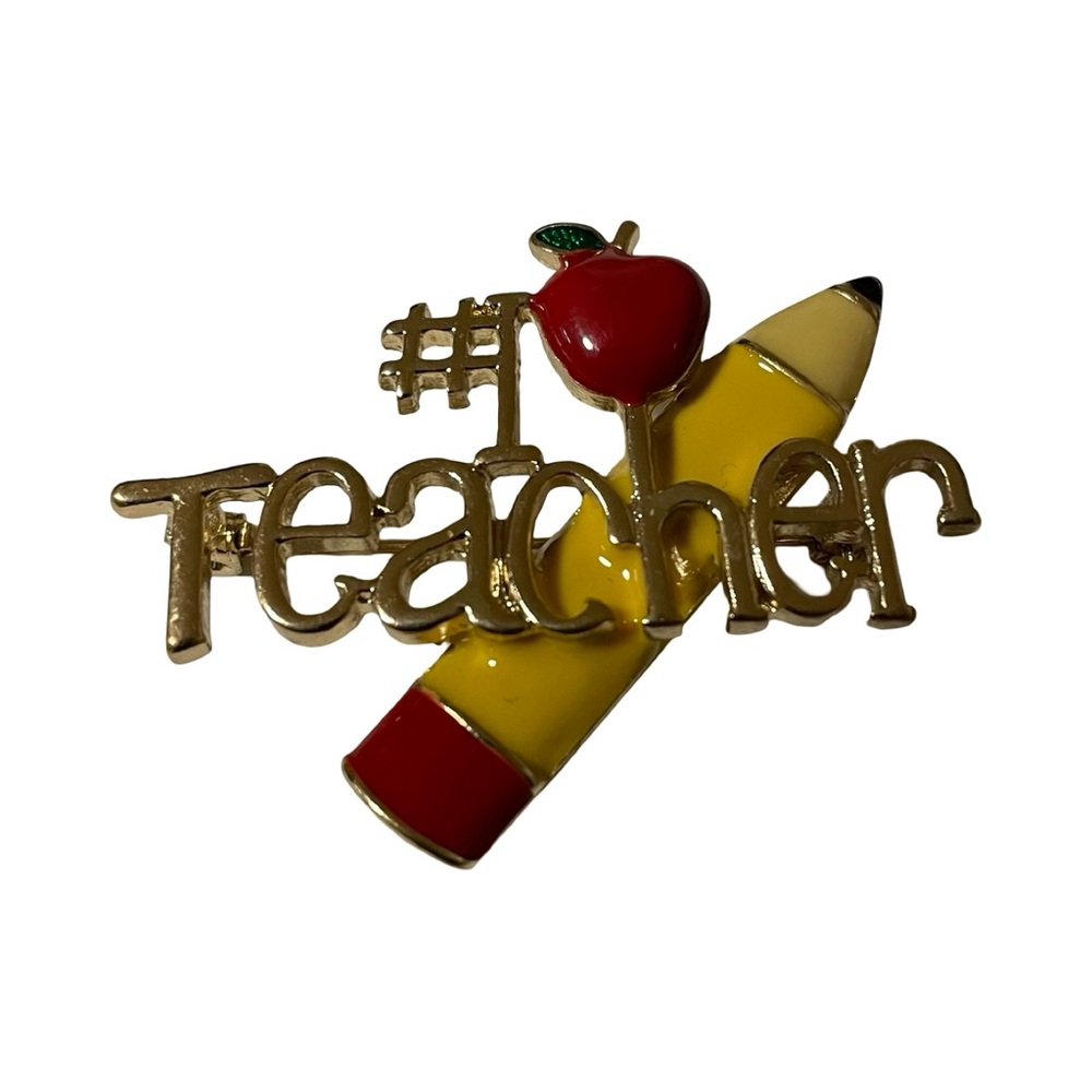 Gold #1 Teacher Brooch with Red Apple and Yellow Pencil
